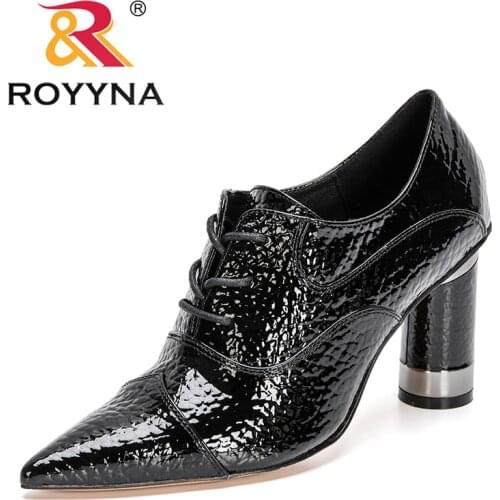 ROYYNA 2021 New Designers High Heel Women Pump Lace Up Shoe Pointed Toe Shoes Ladies Patent Leather Pump Office Shoes Feminimo