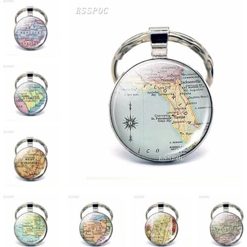 Vintage American Map Glass Dome KeyChain United States Florida Pensacola Tennessee Ohio Pendant Key Rings Fashion Gift For Lover