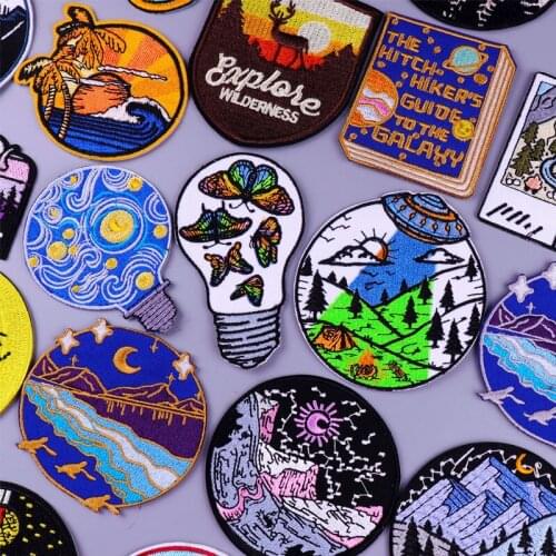 Adventure Travel Patch Van Gogh Embroidered Patches For Clothing Mountain Camping Badge Wave Stripe Iron On Patches On Clothes