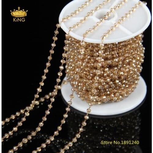5meter Tiny Glass Rosary Chain Jewelry,2x3mm Transparent Champagne Titanium Glass Faceted Rondelle Plated Brass Link Chain HX116