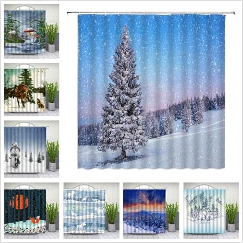 Snow Scene Shower Curtains Winter Snowflake Houses Forest Mountain Animal Bathroom Decor Waterproof Cloth Curtain Set
