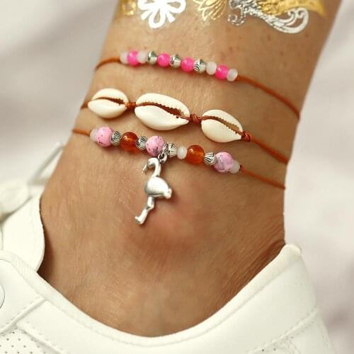 Pink Beads Sea Shell Anklets Set Women Multi Layers Silver Color Flamingo Pendants Ankle Bracelet Rope Chain Leg Ocean Jewelry