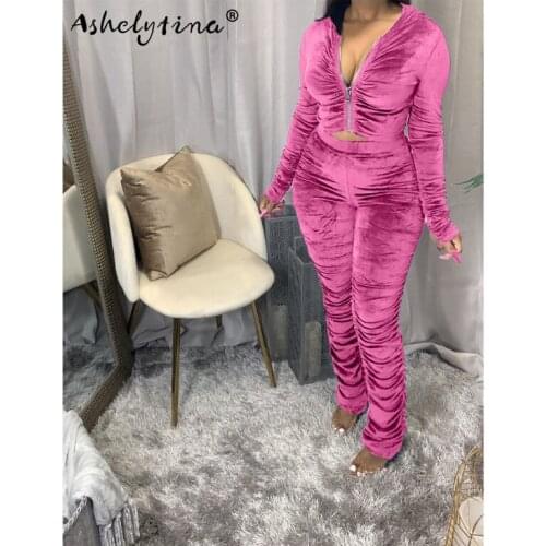 Ladies stacking suit velvet sports two-piece zipper hoodie ruffled pants suit track suit