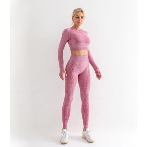Womens Suit for Fitness Sport Yoga Seamless Leggings and Long Sleeve Crop Top Two Pieces Set Gym Clothing Sportwear Tracksuit