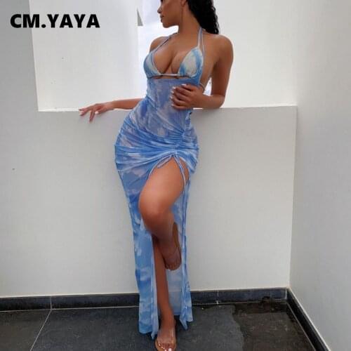 CM.YAYA Bikinis Set Women Mesh Print Halter Bandage Tops Low Waist Underpants Shirring Splited Long Skirts 3 Piece Set Beachwear