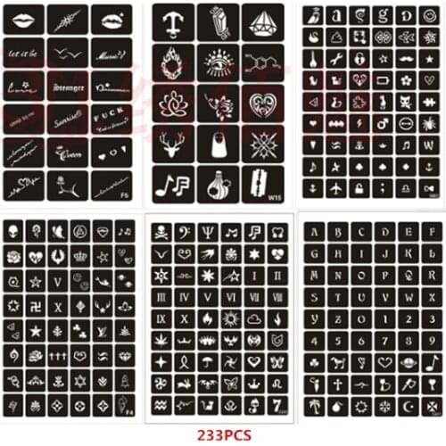 233pcs/set Henna Stencils for Painting Lip Skull Letter Alphabet Airbrush Stencil Finger Hands Glitter Tattoo Stencil Pochoir