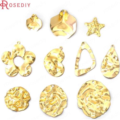 35752)10PCS 24K Gold Color Brass Wave Round Heart Petal Oval Star Flower Charms Pendants High Quality Diy Jewelry Accessories