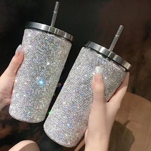 500ml Shiny Rhinestone Vacuum Flask Straw Coffee Cup Stainless Steel Portable Hot Water Bottle Thermos Car Ice Master Mug Gifts