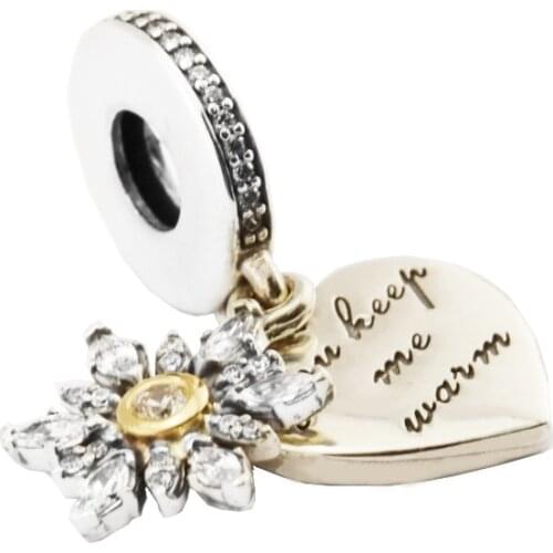 925 Sterling Silver and 14K Real Gold Beads Snowflake Heart Charm for Women Fit Pandora Bracelet DIY Jewelry Making Kralen