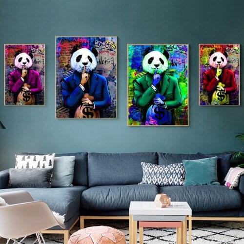 Canvas Painting Red Blue Green Panda Face Make The Noise Poster Money Bag Street Graffiti Wall Art Picture for Living Room Decor