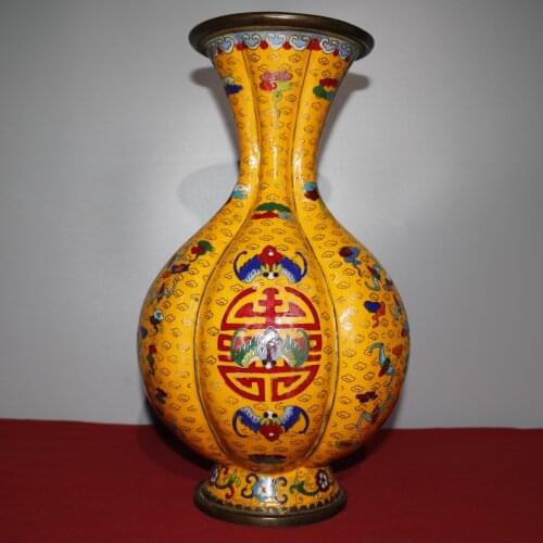 15"Chinese temple collection Old Bronze Cloisonne Enamel Fushou Shuangquan Pumpkin bottle vase Office Ornaments Town House