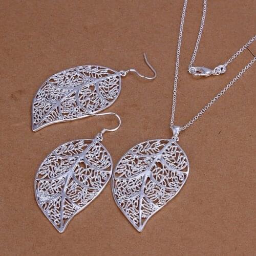 Wholesale Silver Plated Jewelry Set,Cheap Bridal Party Sets,Simple Life Hollow Leaves Fashion Necklace Earring Two-piece Set