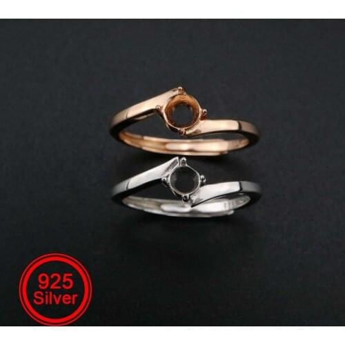 3-5MM Round Bezel Simple Bypass Shank Rose Gold Plated Solid 925 Sterling Silver Adjustable Prong Ring Settings 1210069