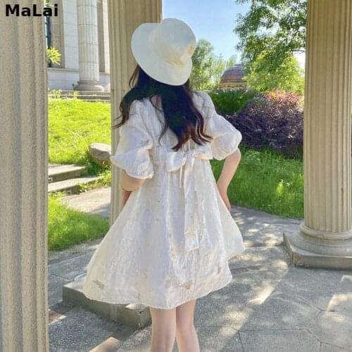 Kawaii Mini Dresses Style French Sweet For Women Summer 2021 Bow Solid Elegant Females Puff Sleeve Design Korean Sundresses
