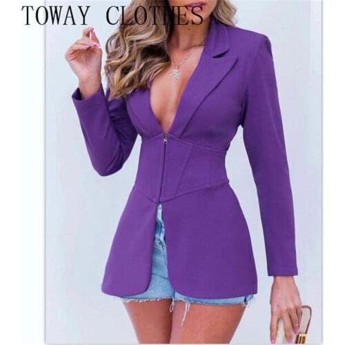 Solid Color Notched Collar Long Sleeve Slit Corset Blazer Coat Elegant Work Zipper Front Design Coat
