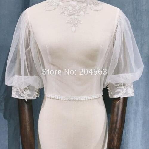 Romantic Wedding Bolero Jacket with Pearls and Beads Bridal Wrap with Sleeves Custom Size Color