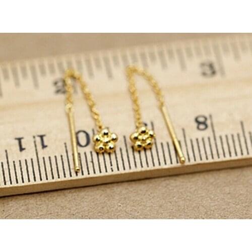 Pure 24k Yellow Gold Earrings Women Luck Fower Stud Earrings Line 9cmL 1.86g