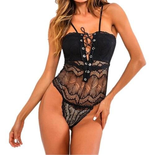 Sexy Tight bodysuit sexy lace perspective temptation sling V-neck hollow one-piece tight-fitting Rompers onesies