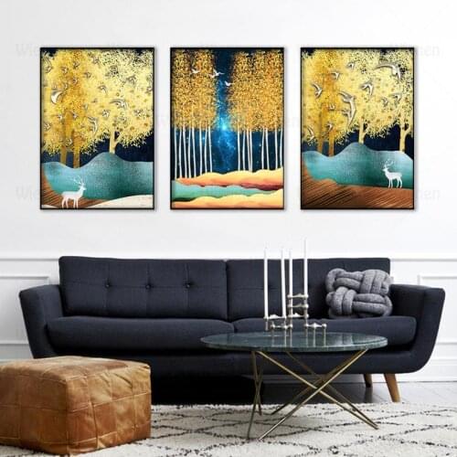 Modern Abstract Gold Tree Leaf Landscape Canvas Painting Fly Bird White Deer Poster Nordic Decor Wall Art for Living Room Home