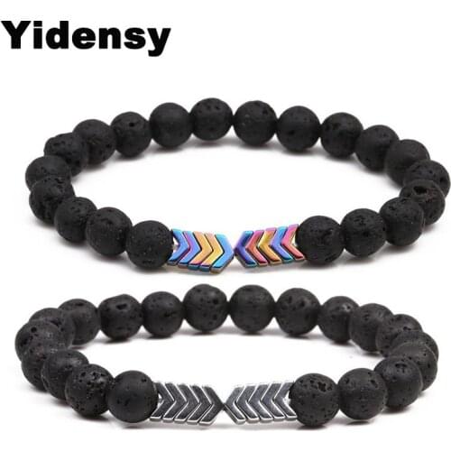 Yindesy Fashion Hematite Bracelet Weight Loss Health Care Black Lava Stone V Charms Beads Bracelet for Women Men Yoga Jewelry