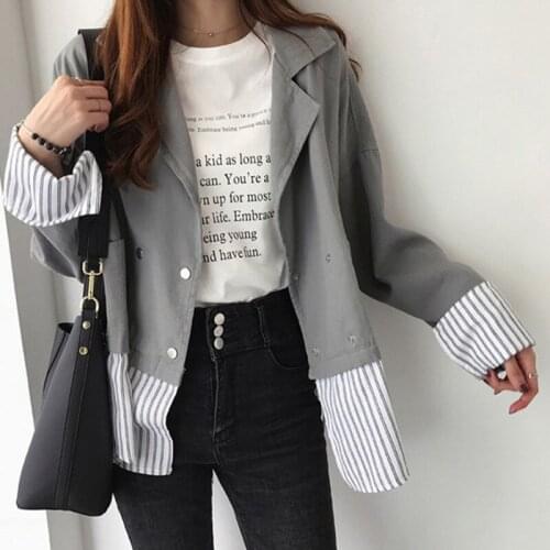 Autumn And Winter Womens 2019 New Striped Stitching Long-sleeved Tooling Jacket Female Loose Casual Jacket Tide