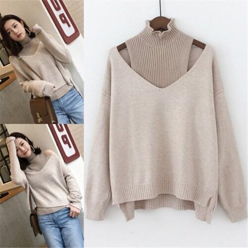 New Spring Autumn Chic Two Piece Set Sweater Slim Women Large V-neck Wool Sweater And Vest Female Pullovers Basic Tops WZ142