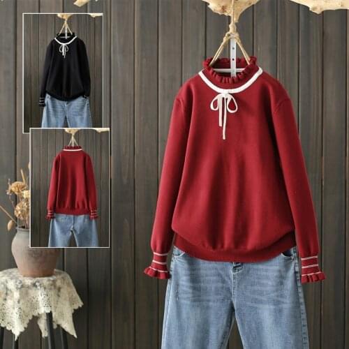 Ruffles Knitted Women Sweater Pullovers Solid Red Now New Loose Office Lady Elegant Pulls Outwear Tops