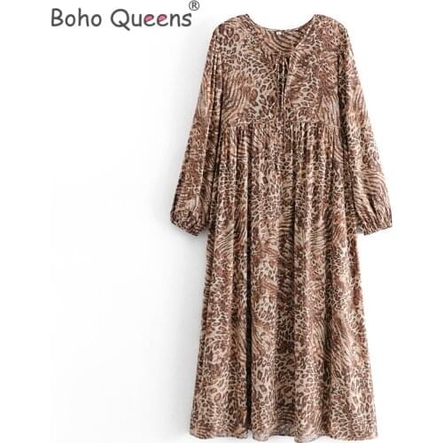 Boho Queens women tie neck tassel leopard print beach Bohemian maxi dress Ladies long sleeve rayon cotton Boho dress vestidos