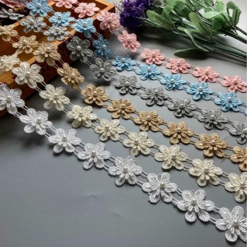 10X Polyester Pearl Flowers Lace Trim Embroidered Lace Ribbon Fabric Handmade Garment Wedding Dress Sewing Craft 3.5cm wide New