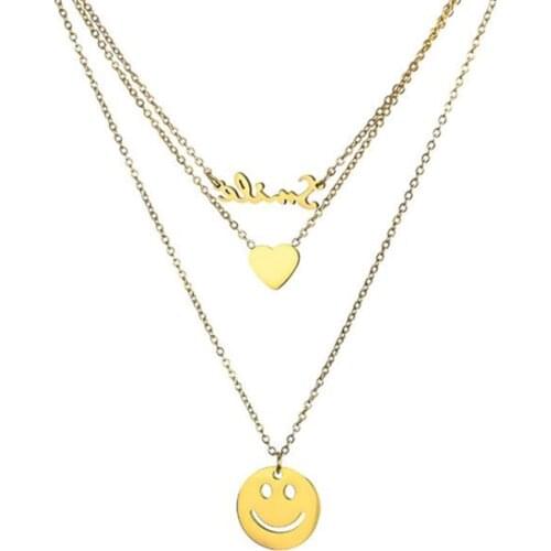 316L Stainless Steel 3 Layers Smiley Letter Love Heart Charms Chain Choker Pendant Necklace For Women Fashion Fine Jewelry Gift
