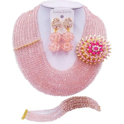 ACZUV Peach Nigerian Beads Jewelry Set African Wedding Necklace Party Jewelry Sets 10C-DS005