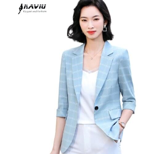 Plaid Casual Blazer Women 2021 Summer New Fashion Temperament Slim Office Ladies Business Formal Work Coat