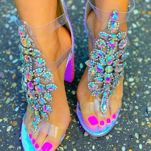 Bling Color Intrigue Leather Rhinestone PVC Sandals Chunky Heels Open Toe Cutout Transparent Crystal Sandal Summer Wedding Shoes