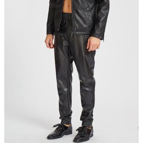 Elastic waist faux leather pants mens motorcycle pu pants fashion Harem trousers for men personality pantalon homme black autumn