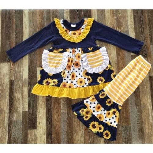 Children boutique clothes pastoral style lace collar pocket dress bell bottom autumn sister suit for sisters