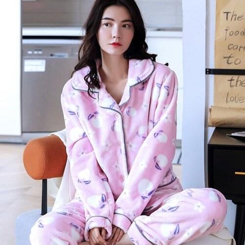 H5837 Sweet Women Pajamas Suit Female Plus Velvet Flannel Autumn Winter Sleepwear Long Sleeve Coral Fleece Comfortable Nightwear