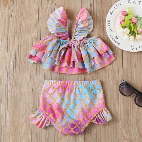 2PCS Baby Girls Mermaid Swimwear Summer Toddler Ruffle Tops Shorts Swimsuit Beachwear Bathing Swimming Costume Suit