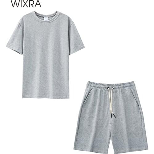 Wixra Summer 100%Cotton Solid T Shirts Sets O Neck Tee Tops+ Lace Up Shorts Plus Size Casual Suits For Men
