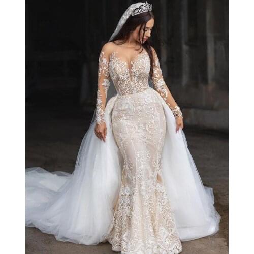 2021 Designer Lace Mermaid Wedding Dresses Overskirt Illusion Bridal Gowns Arabic Aso Ebi Long Sleeves Detachable Train
