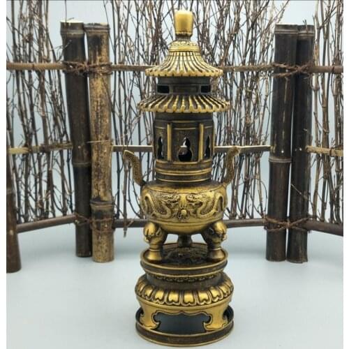 Copper Statue Brass tower and furnace ornaments, double dragon playing beads, copper incense furnace tripod home decorati