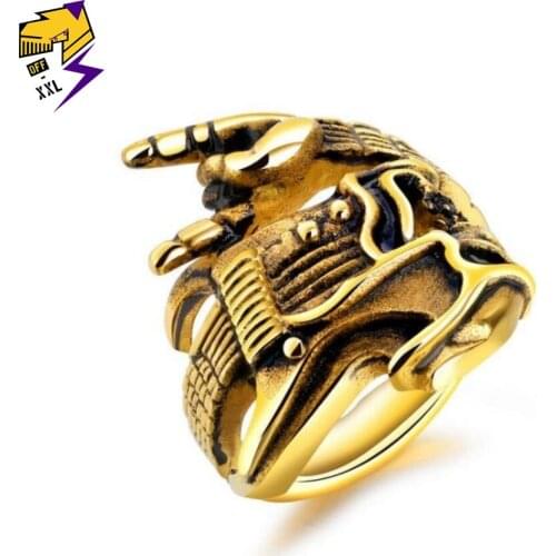 Hiphop Men Gold Guitar Finger Rings Stainless Steel Antique Silver Rock Roll Rings Musical Festival Punk Jewelry