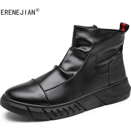 ERENEJIAN Men Leather Slip On Ankle Boots Fashion High Top Shoes For Male Non Slip Chelsea Boots Footwear