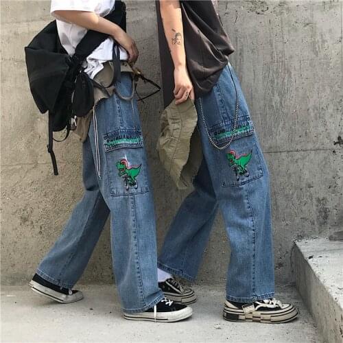2021 New Womens Jeans Dinosaur Printing Streetwear High Waist Wide Leg Pants Boyfriend Baggy Harajuku Straight Denim Trouser