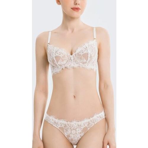 Sexy French Style Eyelashes Lace Bra Briefs Set Beautiful Back Ultra-Thin Lingerie Set Transparent Breathable Bra Briefs Suit