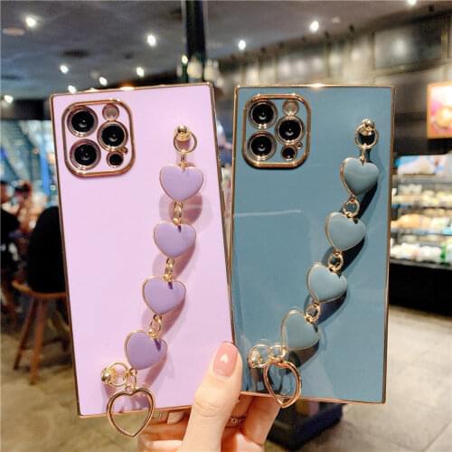 Luxury Plating Frame Love Heart Chain Wrist Bracelet Phone Case For iPhone 12Pro Max 11 XS Max 8 7 Plus Electroplated Soft Cover