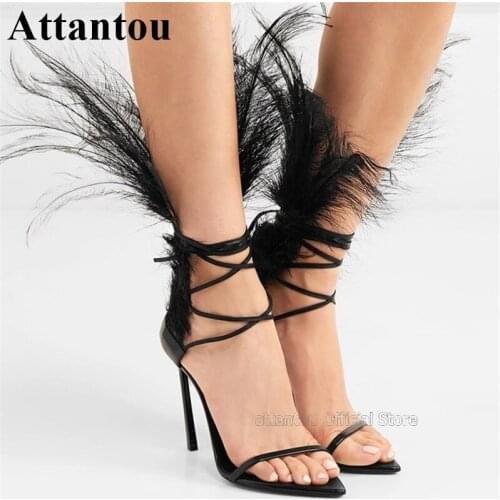 Sexy Black Feather Fixed Gladiator High Heel Sandals Women Open Toe Lace Up Cross Tied Narrow Band Summer Sandalias
