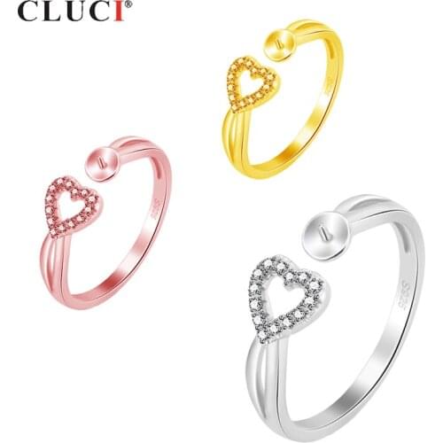 CLUCI Silver Love Heart Women Rings Jewelry 925 Sterling Silver Pearl Ring Mounting Adjustable Rings Heart Zircon Rings SR2173SB