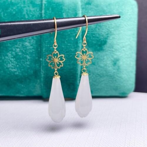 SHILOVEM 18k yellow gold real Natural white Jasper drop earring classic fine Jewelry women wedding gift 8*17mm myme08176625hby