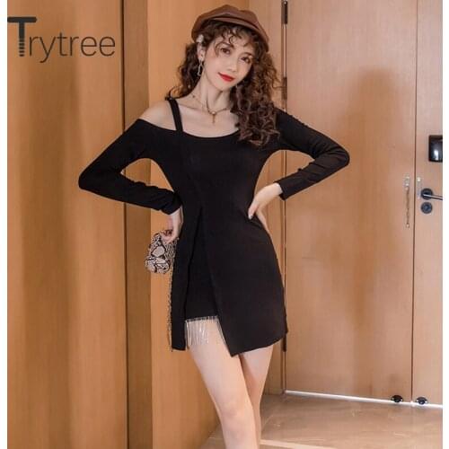 Trytree 2020 Autumn Winter Women Casual Dress Slash neck Black Solid Tassel Slim fit Fashion Office Lady Mini Short Dress