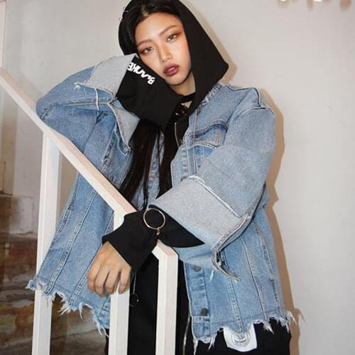 New fashion street spring denim outerwear women autumn personality harajuku holes long sleeve cowboy coat female loose jacket